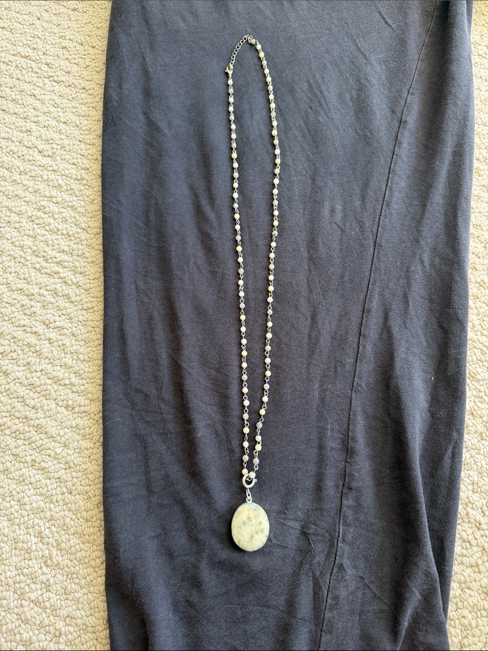 Long Silver Beaded Necklace with Cream Stone Pendant